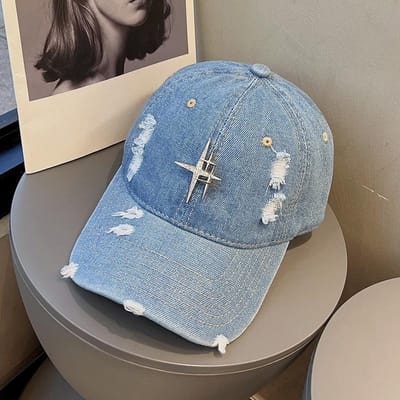 Street Retro Oude Denim Gescheurde Baseballpet Vrouwelijk Koppel Europees en Amerikaans Trendy Merk Ster Strass Baseballpet Gezichtje Laten Zien M（56-58cm） gray