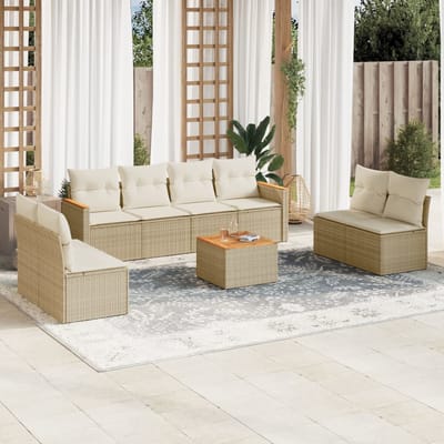 vidaXL - 9-delige - Loungeset - met - kussens - poly - rattan - beige