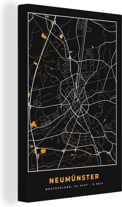 Canvas Schilderij Duitsland – Black and Gold – Neumünster – Stadskaart – Kaart – Plattegrond - 20x30 cm - Wanddecoratie