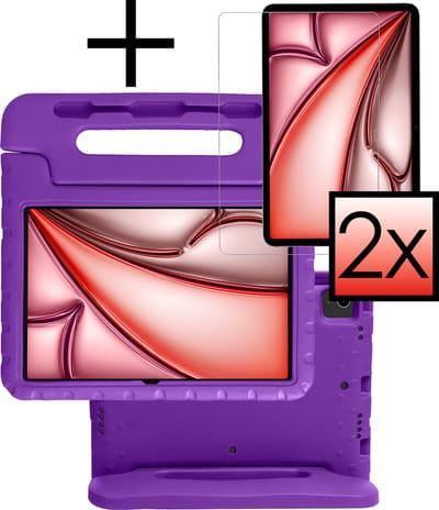 Hoes - Geschikt voor Apple iPad Air (2024/2025/2026) - 11 inch - Met 2x Screenprotector - Kinderhoes Shockproof Bumper - Kidsproof Case - Tablet Hoesje - Kinder Cover - Paars