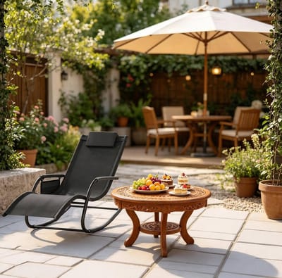 Ligstoel - Schommelstoel Met Armleuningen En Zijvak - Voor Tuin, Balkon, Terras En Zwembad - Metaal En Polyester - Zwart