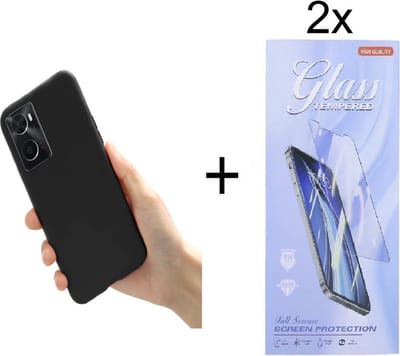 Hoesje Geschikt voor: Oppo A96 / A76 / A36 Silicone - Zwart + 2X Tempered Glass Screenprotector - ZT Accessoires