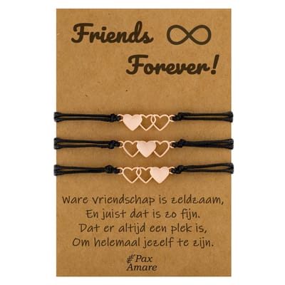 Vriendschapsarmbandjes voor 3 "Friends Forever" - Hartjes - BFF Armbandjes met Cadeau Kaartje - Rosé Goud & Zwart - Elastisch Verstelbaar - Pax Amare