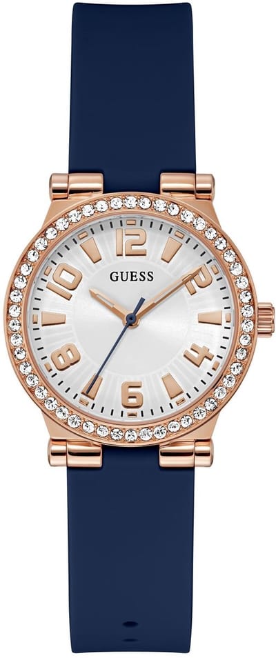 Guess Fawn Kwarts Analoog Horloge Blauw Kast Gemaakt Van 100% Roestvrij Staal En Een Armband Van 100% Siliconen 32 GW0844L1, GW0844L3