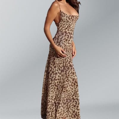 Sexy Luipaardprint V-hals Rugloos Street Lady Stijl Lange Veelzijdige Jurk met Spaghettibandjes voor Vrouwen 3XL gray