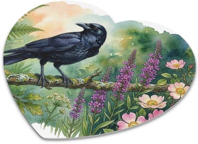 Hartvormige "Aquarel Series" Muismat Zwarte Kraai op Tak met Roze Rozen & Paarse Bloemen - Bureaumat met Vogel Waterverf Illustratie voor PC Gebruik - Fleurig Gothic Cadeau voor haar: Vrouw,Vriendin & Collega - Dier & Natuur Kantoor Decoratie