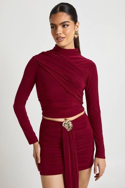 boohoo Dames Dubbele Laag Slinky Hoge Hals Wikkel Lange Mouw Top | Burgundy | Maat: 6