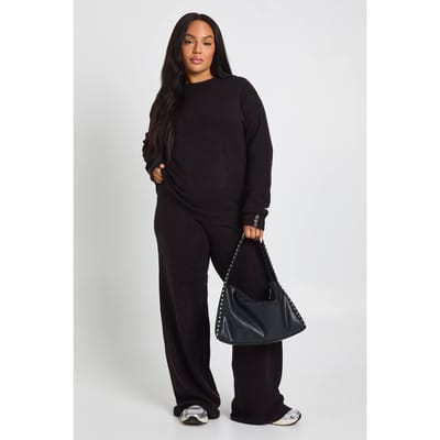 boohoo Dames PLUS GEBREIDE TRUI MET RONDE HALS EN SET MET BREDE BROEK | Zwart | Maat: 50