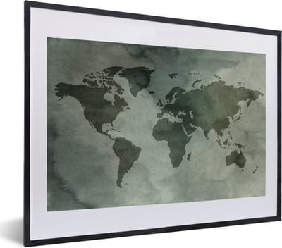 Poster in lijst - Fotolijst 60x40 cm - Posters - Wereldkaart - Waterverf - Grijs - Posterlijst zwart - Decoratie - Wanddecoratie woonkamer - Muurdecoratie slaapkamer