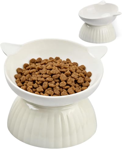 Thijox - Keramische kattenbak met 15° helling, verhoogd design, afneembare voerbak voor katten, ergonomisch, vaatwasmachinebestendig, vriendelijk voor