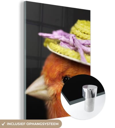 MuchoWow® Glasschilderij 120x160 cm - Schilderij acrylglas - Vogel - Hoed - Oranje - Foto op glas - Schilderijen