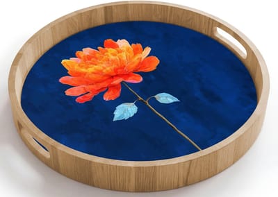Dienblad rond 40x40 cm - Schootdienblad hout - Bloem - Oranje - Bladeren - Borrelplank rechthoek - Plateau houten dienbladen
