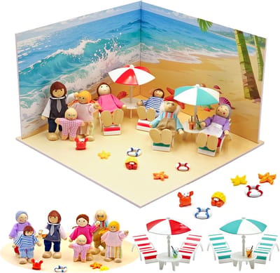 Houten Poppenhuis Poppetjes Familie Set met Strandaccessoires voor Kinderen