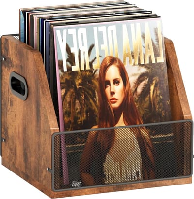 Vinyl Platenopslag - Platenkrat LP - Muziek Organiseren - Draagbaar Met Handgrepen - Voor 60 Platen - Rustiek Bruin Zwart
