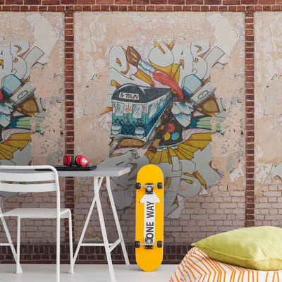 Fotobehang Profhome 392401-GU vliesbehang hardvinyl warmdruk in reliëf glad in baksteen look mat bruin beige rood blauw 1,59 m x 2,8 m