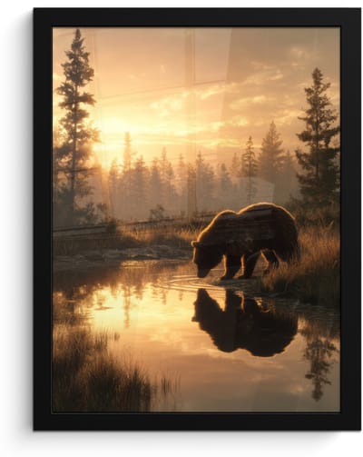 Poster in lijst - Fotolijst 30x40 cm - Posters - Beer - water - Bos - Ochtendlicht - Posterlijst zwart - Decoratie - Wanddecoratie woonkamer - Muurdecoratie slaapkamer