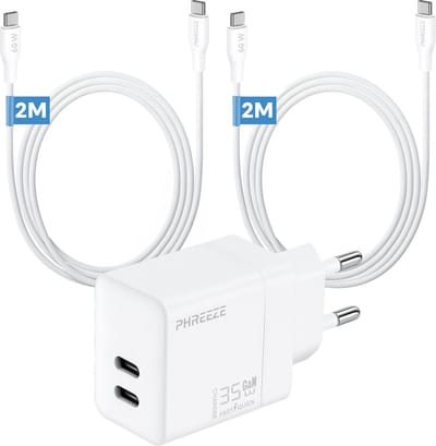 Phreeze usb C oplaadset 35w - GaN charger met 2x usb C naar usb C kabels 2m - Snellader voor telefoon en tablet