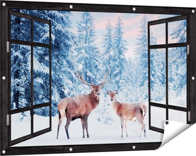 Gards Tuinposter Doorkijk Twee Herten in het Bos met Sneeuw - 120x80 cm - Tuindoek - Tuindecoratie - Wanddecoratie buiten - Tuinschilderij