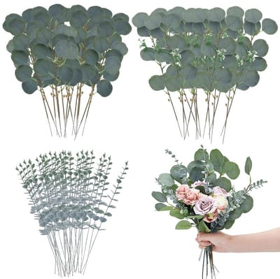 Dailygoods- Eucalyptusbladeren 64 Stuks - Kunstmatige Bladeren - Faux Stengels - Groen Arrangementen - Decoratie Voor Bruiloft - Geschikt Voor Binnen/Buiten - Nepbladeren