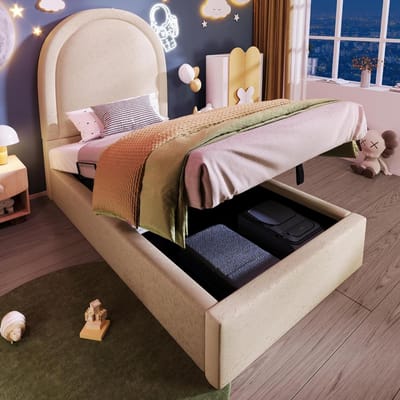 Kinderbed Gestoffeerd - Eenpersoonsbed Velvet - Comfortabel Slapen - Met Opbergruimte - 90 x 190 cm - Beige