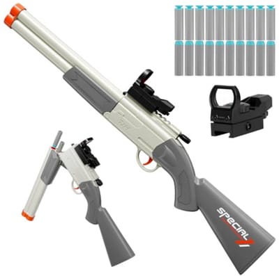 Kraftverdia Double Barrel Shotgun Foam Blaster - Elektrisch Speelgoedgeweer met 20 Zachte Pijltjes - Inclusief 10 Zuigpijltjes en 10 Schuimpijltjes - Met Vizier - Veilig EVA Schuim - Perfect Cadeau voor Jongens 8-12 Jaar - Blauw