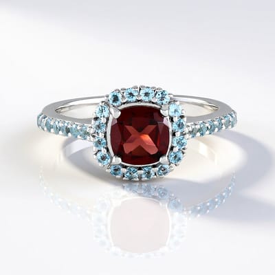 Cavill - Elegante Damesring 925 Sterling Zilver Platina Verguld - Mozambique Granaat 0,94 ct Antiek Kussenslijp - Zwitsers Blauwe Topaas 0,56 ct