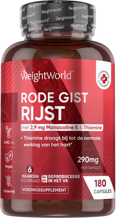 WeightWorld Rode Gist Rijst capsules - Met Q10 en vitamine B1 (thiamine) - 290 mg - Levert 2,9 monacoline K - 180 capsules voor 6 maanden