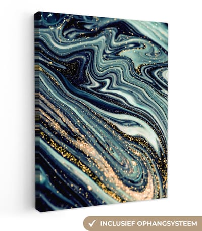 Canvas schilderij 90x120 cm - Wanddecoratie Marmer - Goud - Blauw - Glitter - Marmerlook - Abstract - Muurdecoratie woonkamer - Slaapkamer decoratie - Kamer accessoires - Schilderijen op canvas
