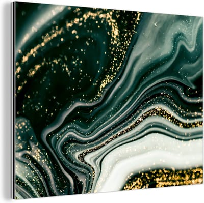 Wanddecoratie Metaal - Aluminium Schilderij Industrieel - Marmerlook - Goud - Groen - Glitter - Design - Marmer - 80x60 cm - Dibond - Foto op aluminium - Industriële muurdecoratie - Voor de woonkamer/slaapkamer
