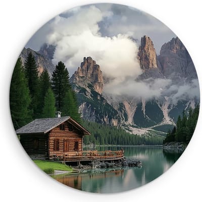 Saammp Muurcirkel Hout - Natuur - Huis tussen de bergen - landschap - Ø 90 - Wandcirkel - Wanddecoratie Cirkel - Muurdecoratie Woonkamer - Slaapkamer decoratie - Rond Schilderij