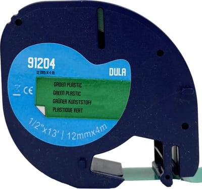 DULA - Dymo LetraTag 91204 - S0721640 - Label Tape - Zwart op Groen plastic - 12mm x 4m - 1 Stuk
