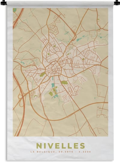 Wandkleed - Wanddoek - Vintage - Nivelles - Kaart - Plattegrond - Stadskaart - 120x180 cm - Wandtapijt