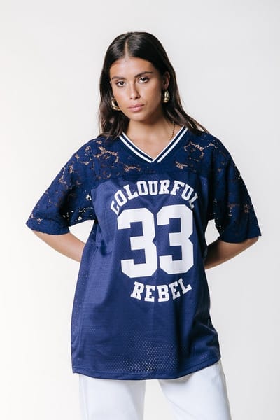 Colourful Rebel Tayla 33 Lace Mesh Football Tee- M