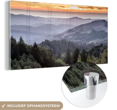 MuchoWow® Glasschilderij 40x20 cm - Schilderij acrylglas - Bergen - Zon - Bos - Landschap - Foto op glas - Schilderijen