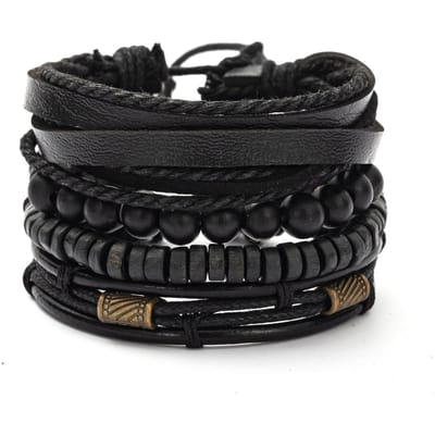 4 Stuks/set Retro Literaire Stijl Brons Bundel Leer Hout Kralen Set Armband one-size