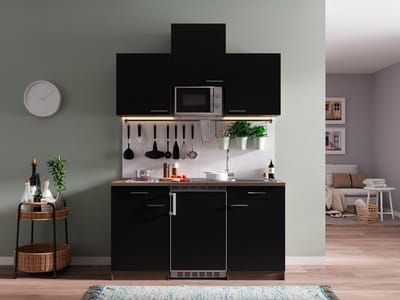 Goedkope keuken 150  cm - complete kleine keuken met apparatuur Oliver - Donker eiken/Zwart - keramische kookplaat  - koelkast        - magnetron - mini keuken - compacte keuken - keukenblok met apparatuur