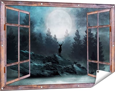 Gards Tuinposter Doorkijk Hert op een Rots tijdens Volle Maan - 120x80 cm - Tuindoek - Tuindecoratie - Wanddecoratie buiten - Tuinschilderij