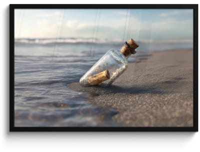 Poster in lijst - Fotolijst 90x60 cm - Posters - Glazenfles - Post - Zee - Zand - Posterlijst zwart - Decoratie - Wanddecoratie woonkamer - Muurdecoratie slaapkamer