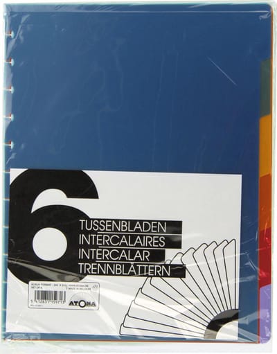 Atoma tabbladen, voor A4 schriften, uit PP, set van 6 stuks, geassorteerde kleuren