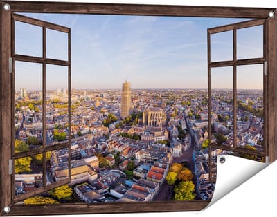 Gards Tuinposter Doorkijk Utrecht vanuit de Lucht - 90x60 cm - Tuindoek - Tuindecoratie - Wanddecoratie buiten - Tuinschilderij