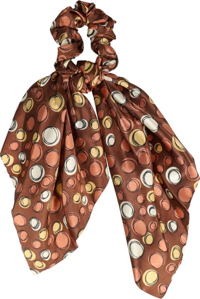 Haarsoires Haarelastiek Scrunchie – Cirkelprint – 25cm Linten – Satijnlook – Beige Bruin - Haarkrinkel - Haar Elastiek met Stof - Zacht & Haarvriendelijk