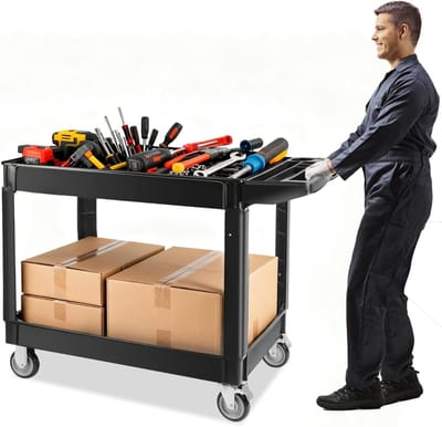 Zware Multifunctionele Trolley met 2 Trappen op Wielen, 150 kg Capaciteit, Ideaal voor Opslag en Gereedschap, Zwart, Mobiele Service Trolley voor Thuis en Werk