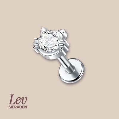 Lev Sieraden - Zilver kleur Titanium Push Pin Labret piercing met poes kop en steen, tatgus , lip , oor piercing