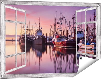Gards Tuinposter Doorkijk Schepen in de Haven - Boten - 90x60 cm - Tuindoek - Tuindecoratie - Wanddecoratie buiten - Tuinschilderij