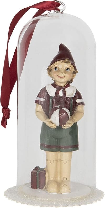 Clayre & Eef Kersthanger 8x8x15 cm Wit Groen Kunststof Glas Rond Kerstbal