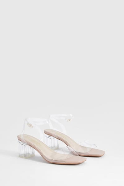 boohoo Dames Brede pasvorm, doorzichtige lage blockhakken | Nude | Maat: 6