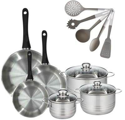 Set van 3 RVS Pannen 20/24/28cm Fackelmann Geneva & 3 Kookpotten 16/20/24cm met 5 Fackelmann Keukengerei