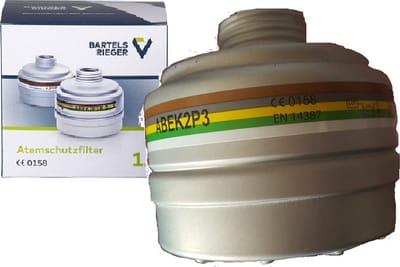Ademhalingsbescherming - Schroeffilters voor volgelaatsmasker - Aluminium Combinatiefilter "86 ABEKSt + ABEK2P3" BartelsRieger ademfilter schroef type Filter nr 924701