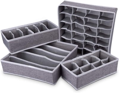 Famanu – Lade-organizer voor kledingkast, set van 4, opvouwbare stoffen opbergdozen voor ondergoed, sokken en stropdassen, grijs, 32 x 9 x 32 cm