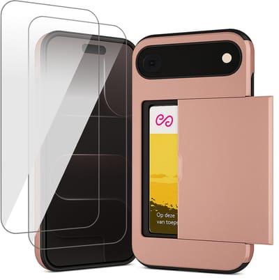 Hoesje met Pasjeshouder geschikt voor iPhone 17 Air - 2x Screen Protector GlassGuard - Back Cover SlideCase Roségoud & Screenprotector